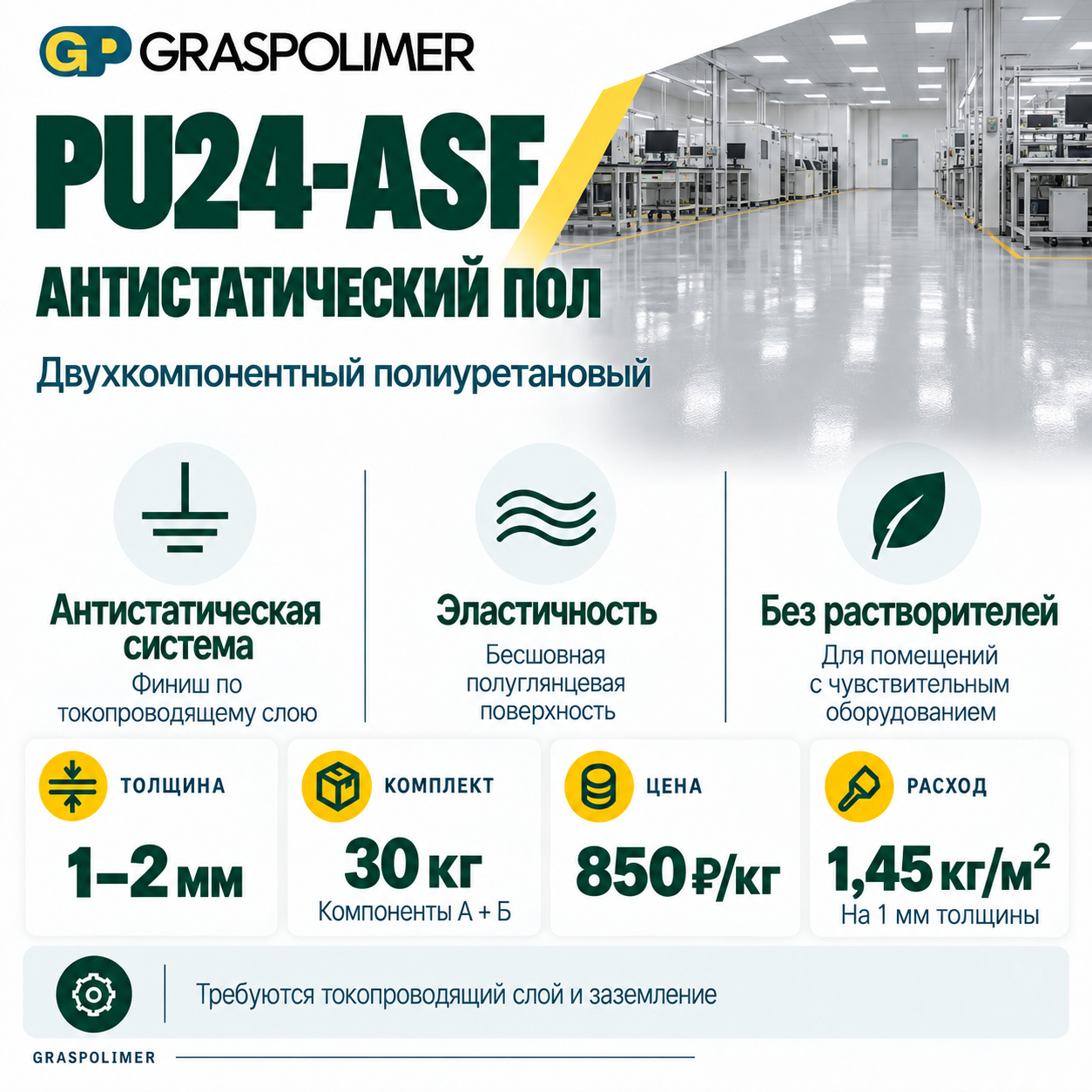 Антистатический полиуретановый наливной пол GRASPOLIMER PU24-ASF — слайд 2